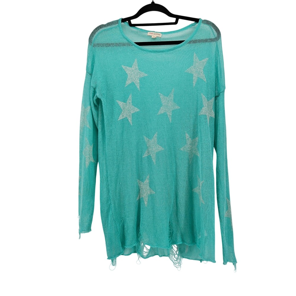 Zenana Star Distressed Sheer Open Knit Sweater Tunic Lg Fairy Coastal Festival